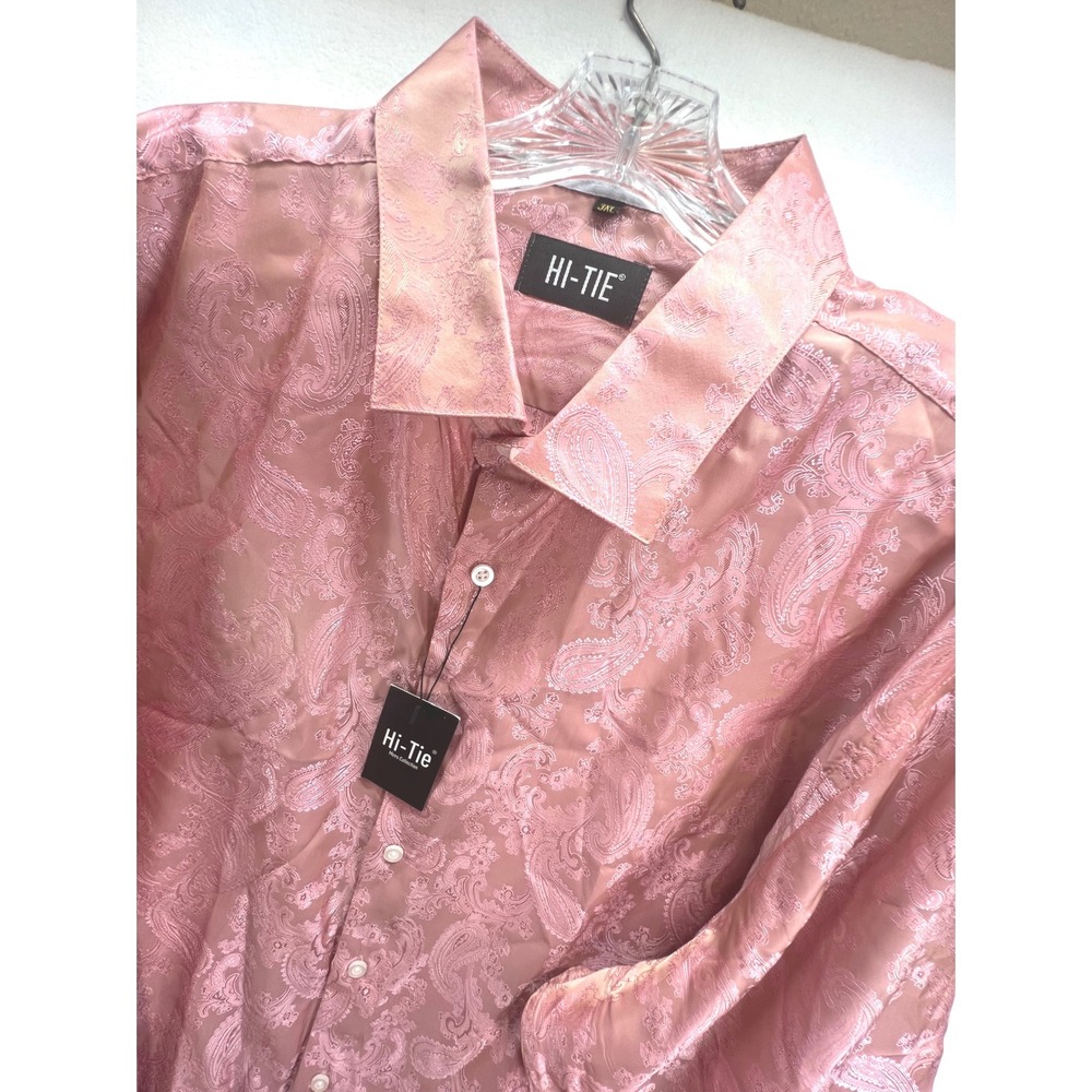 Hi-Tie Mens 3XL Pink Paisley Jacquard Long Sleeve Button Up Dress Shirt NWT
